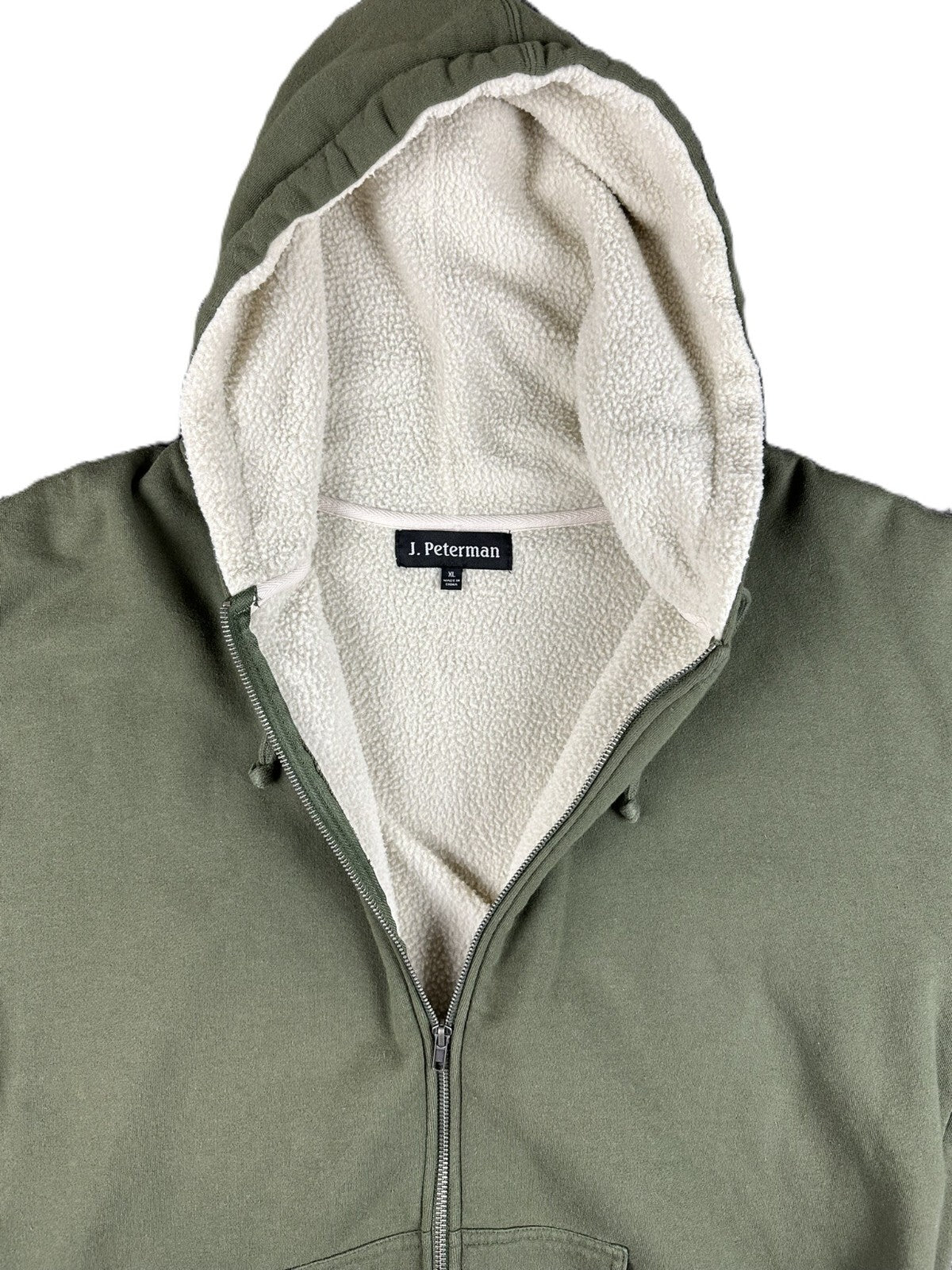 J. Peterman Mens XL Olive Green Full Zip Sherpa Lined Hood Sweatshirt Hoodie