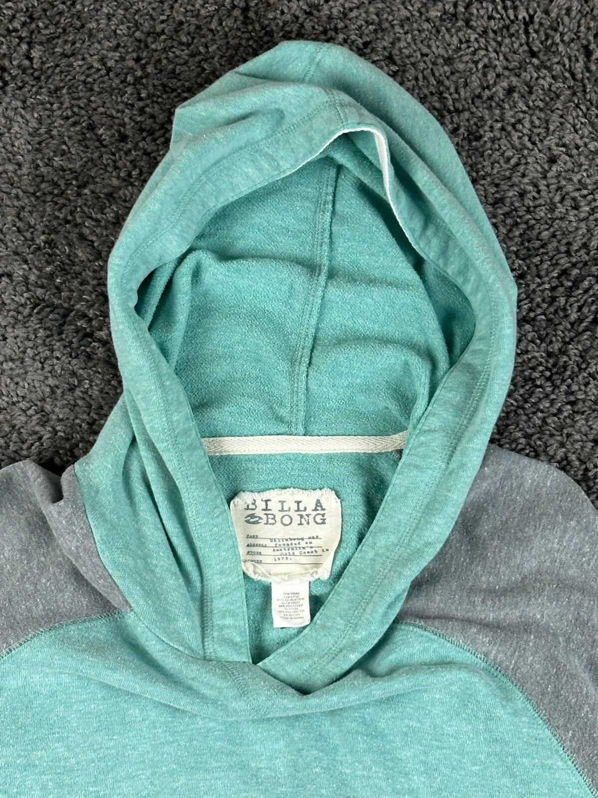 Billabong Womens Hoodie Teal Gray Colorblock Raglan Pullover Sweatshirt Sz Small
