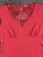 REI Womens Tunic Top Medium Red Floral V Neck Cap Sleeve Stretch Travel Shirt