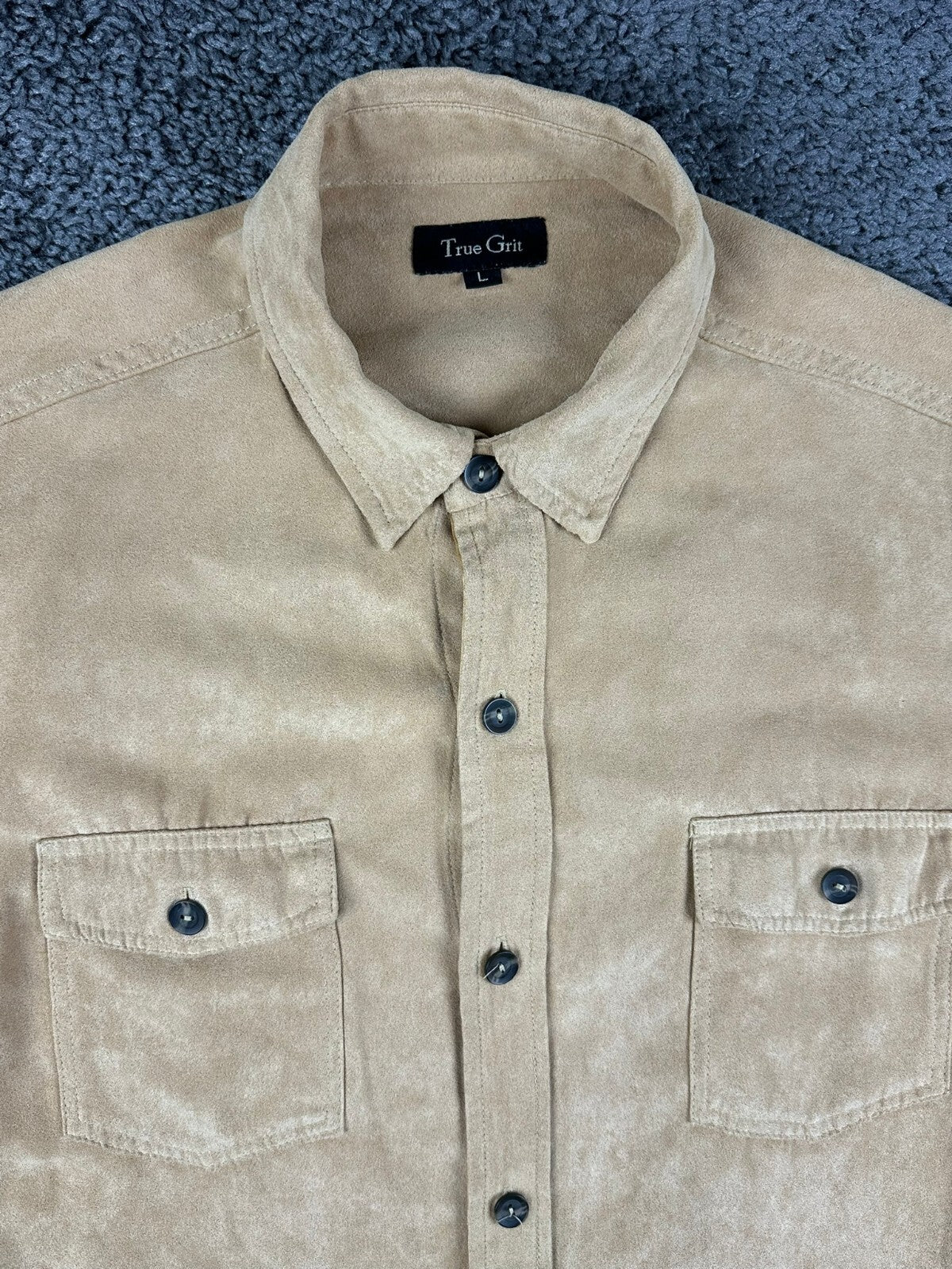 Vintage 90s True Grit Mens L Tan Chamois Button-Up Shacket Long Sleeve Shirt
