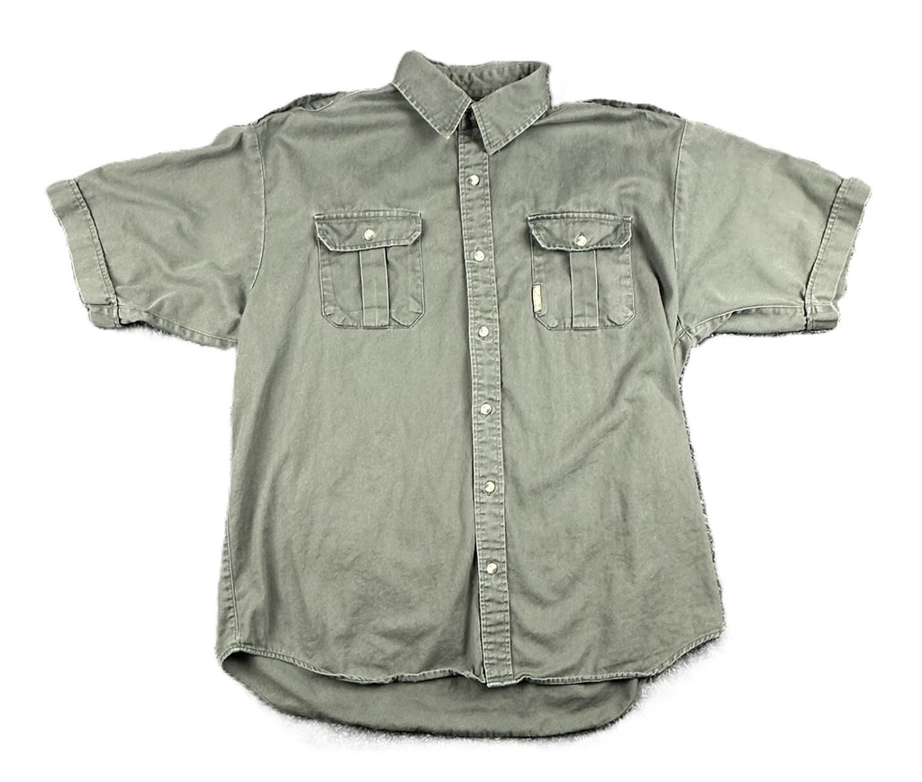 Vintage Columbia Mens XL Olive Green Cotton Safari Field Shirt Epaulets 90s