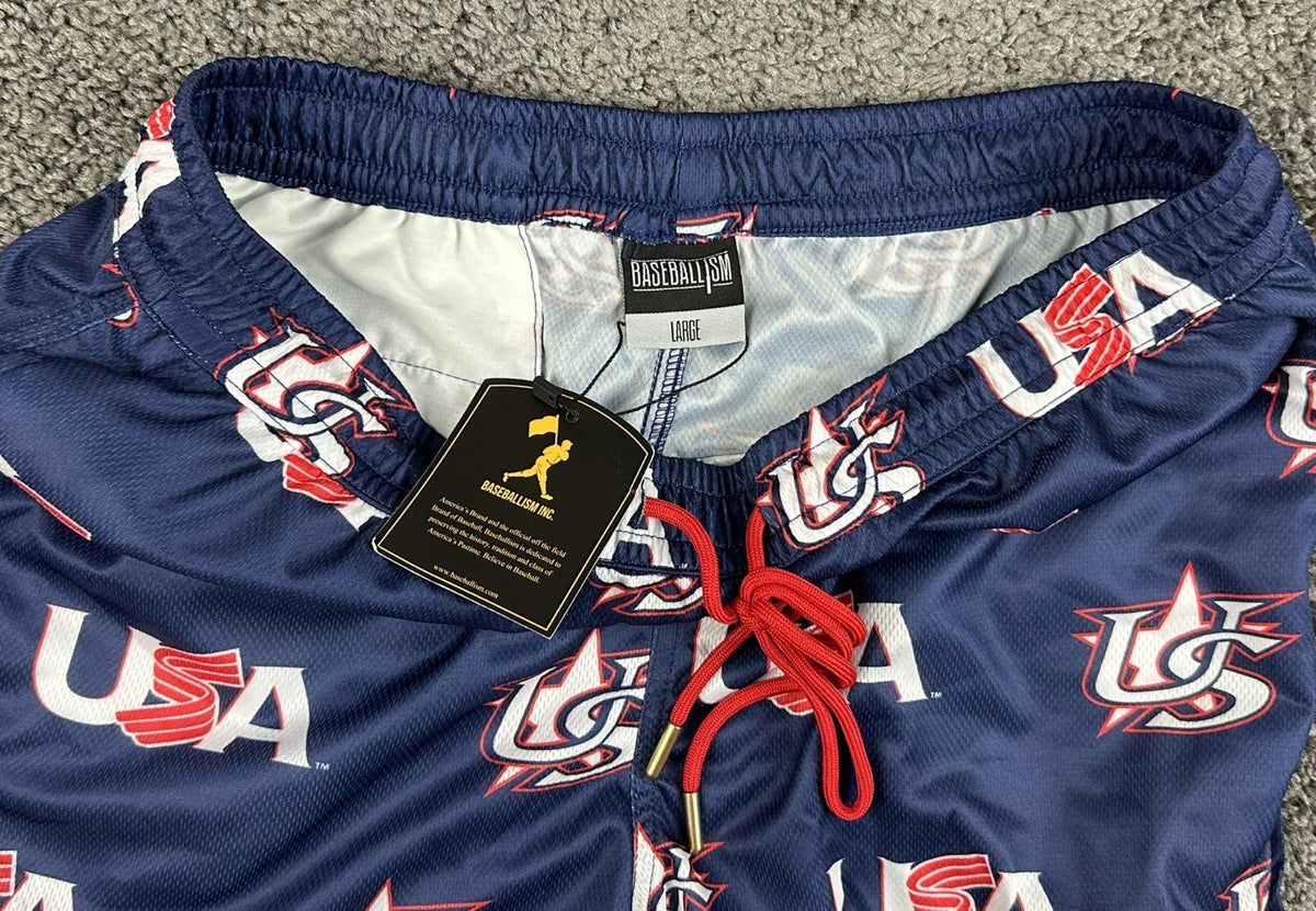 Baseballism x USA Baseball  Mesh Athletic Shorts Navy Blue Large Pockets NWT