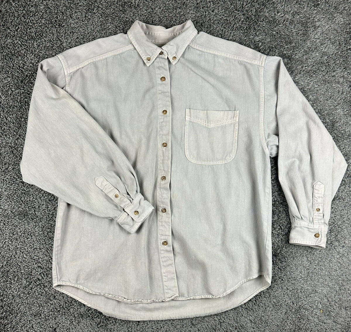 Vintage Eddie Bauer Mens L Light Gray 100% Cotton Button Down Shirt