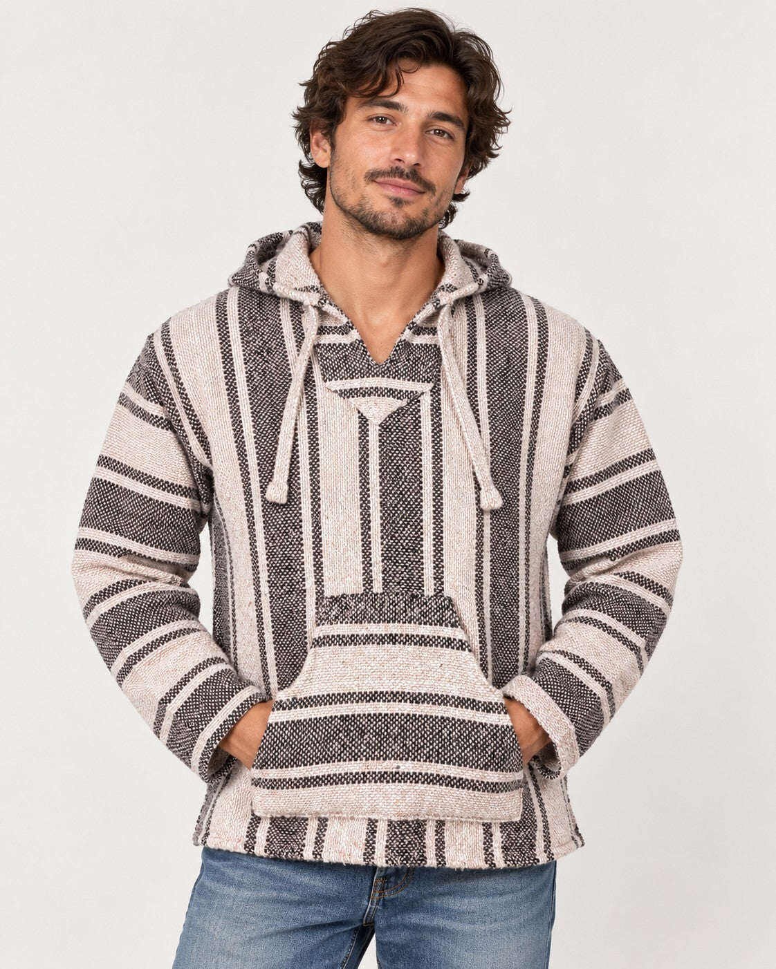 Vintage Artesanias Baja Hoodie Drug Rug Pullover Striped Sweater Mexico Size M