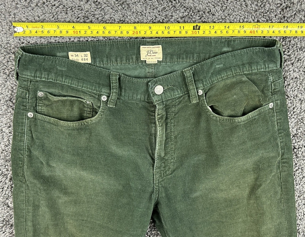 J.Crew Mens 34x32 Green Corduroy Pants 484 Slim Fit Cotton Casual Trousers