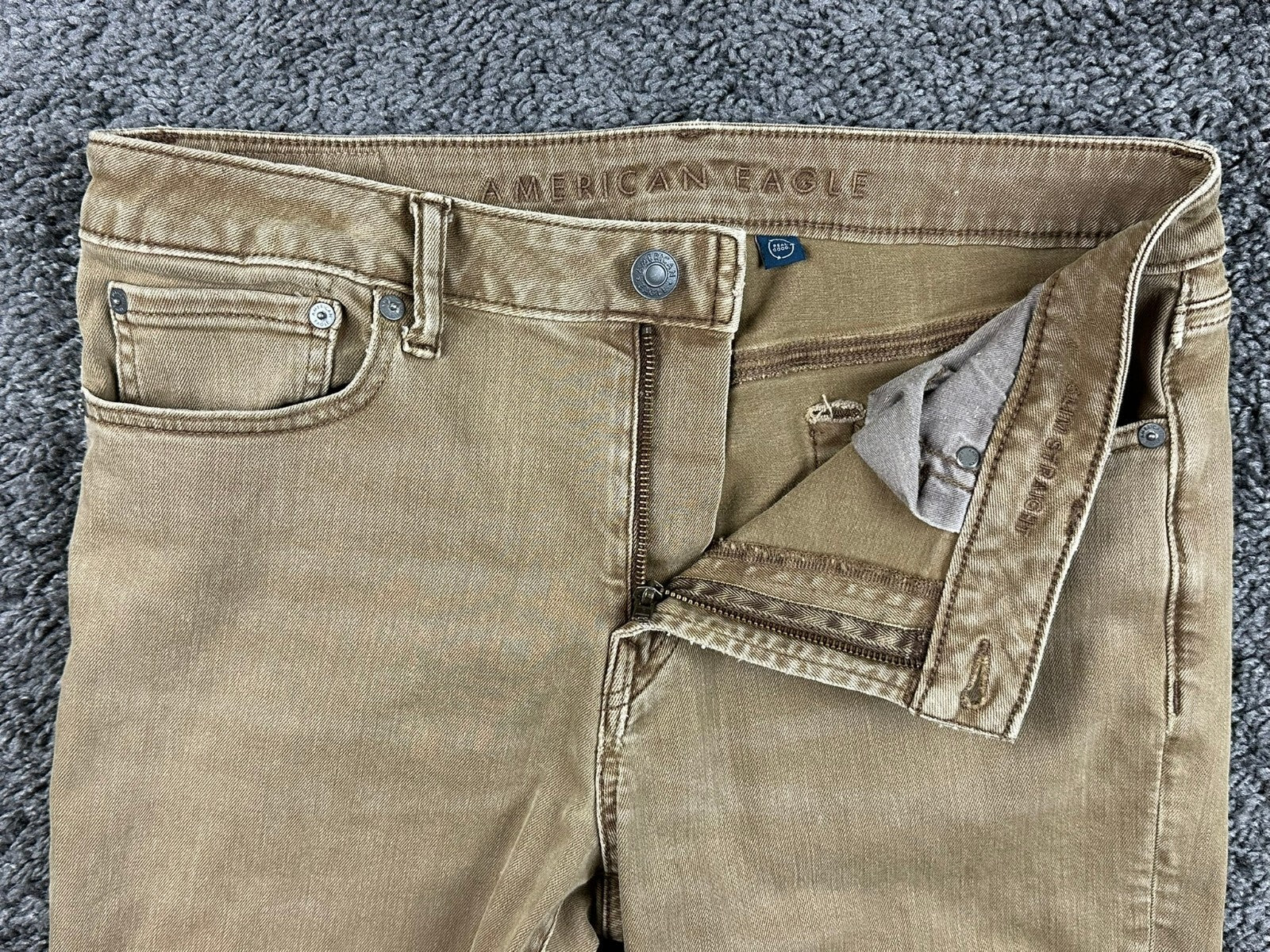 American Eagle Mens AirFlex+ Jeans Tan Brown Slim Straight Stretch Denim 32x32