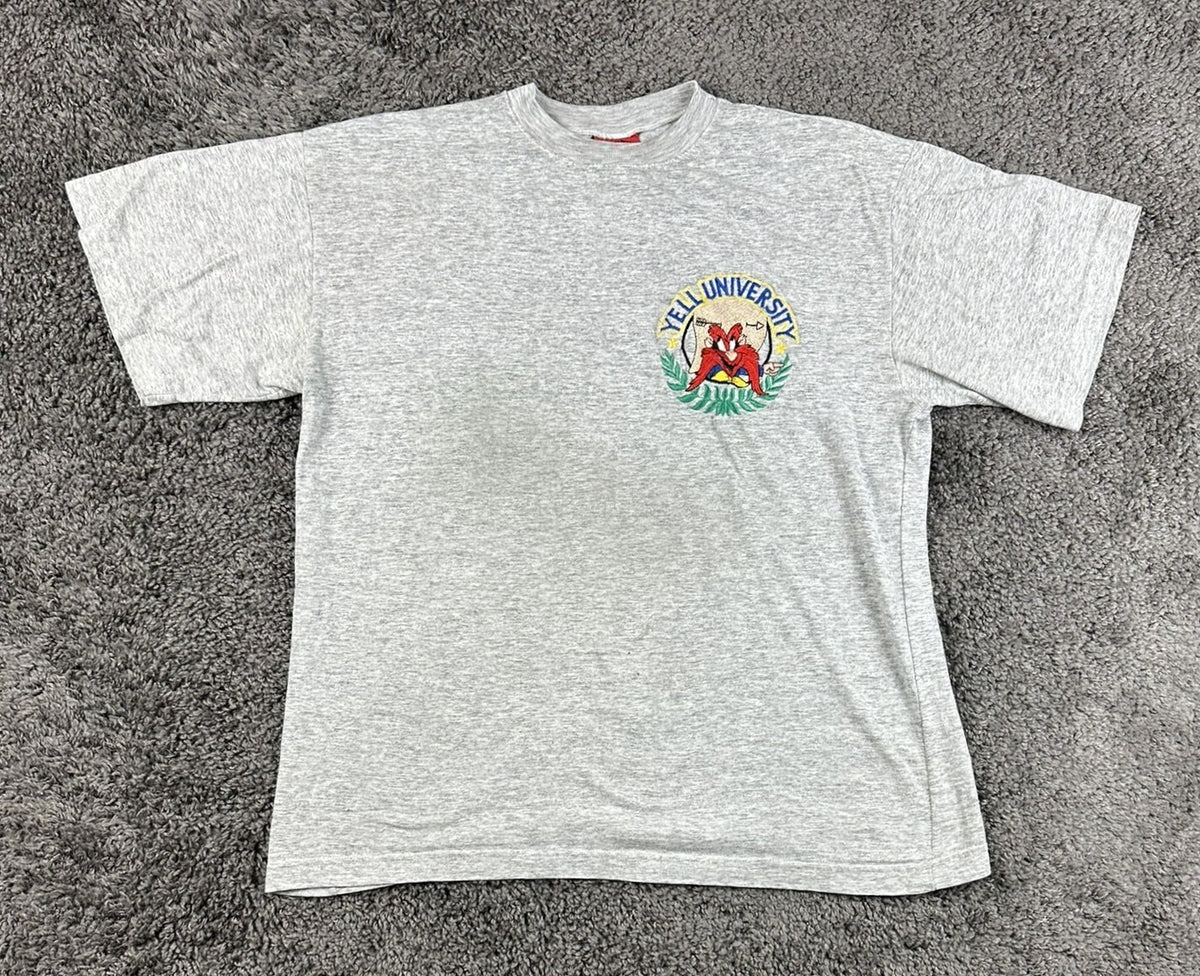 Vintage 1996 Looney Tunes Yell University T-Shirt Mens Small Grey Yosemite Sam