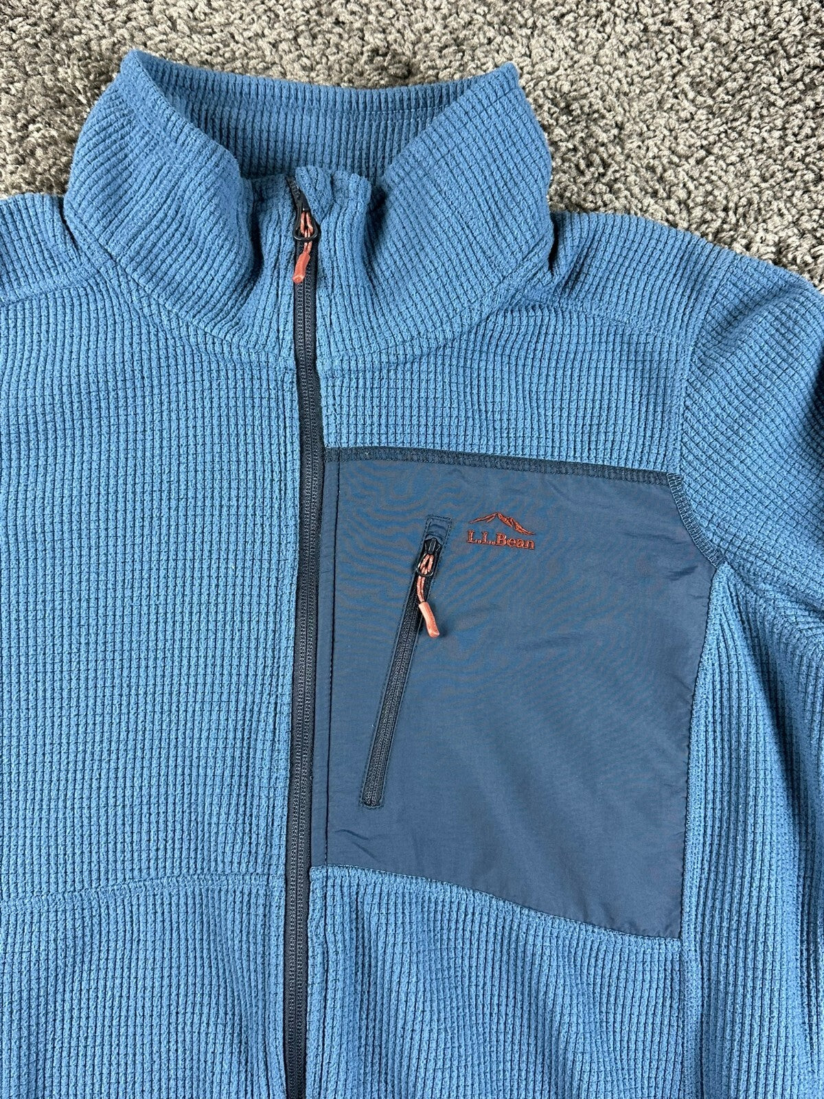 L.L.Bean Fleece Jacket Men Blue Full Zip Waffle Knit Thumbhole Cuffs Sz L