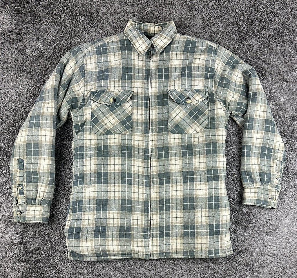 Vintage 90’s SAAB USA Mens M Green Plaid Quilted Lined Flannel Shirt Jacket Zip