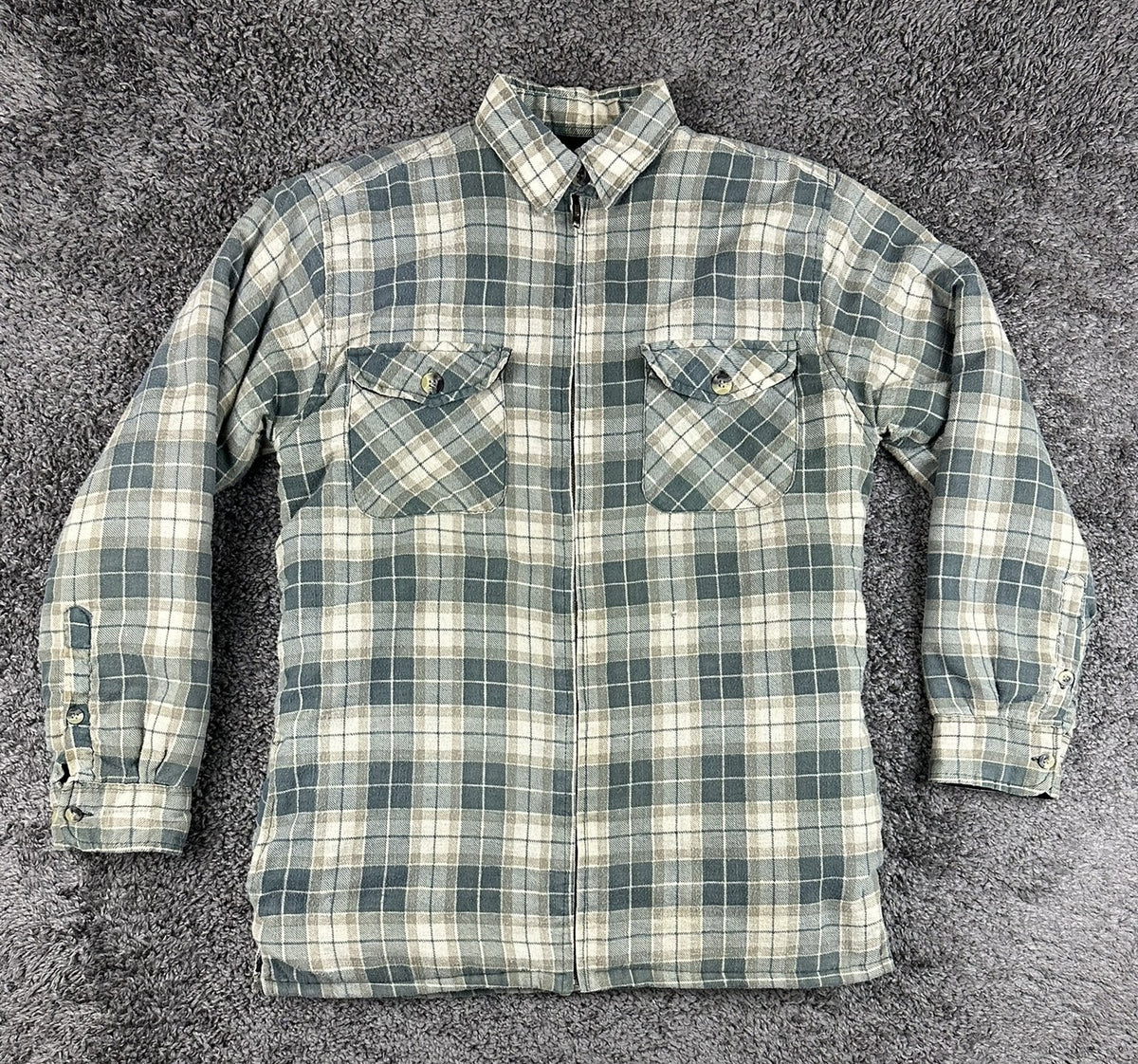 Vintage 90’s SAAB USA Mens M Green Plaid Quilted Lined Flannel Shirt Jacket Zip