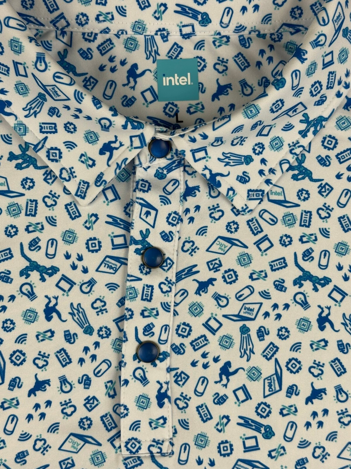 Intel Corporate Promotional Mens L White Blue Tech Print Polo Shirt