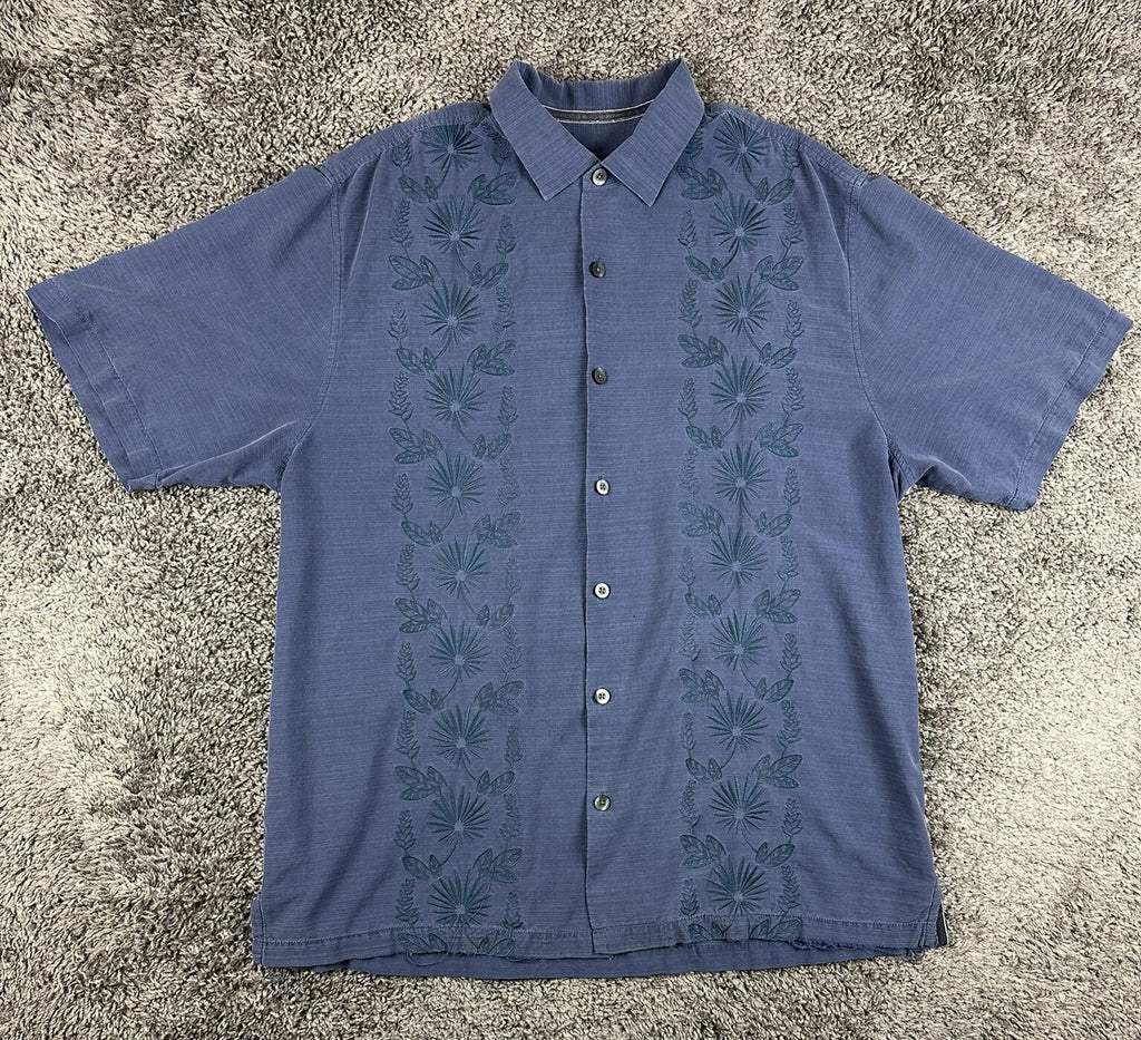 Tommy Bahama Mens XLT Blue Silk Cotton Embroidered Palm Camp Shirt Big Tall