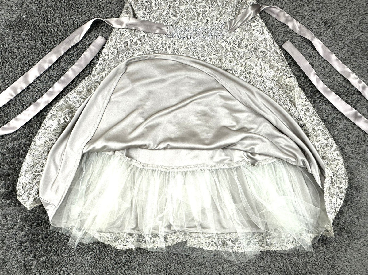 Betsy & Adam Womens 6 Silver Metallic Lace Rhinestone Tulle Cocktail Party Dress