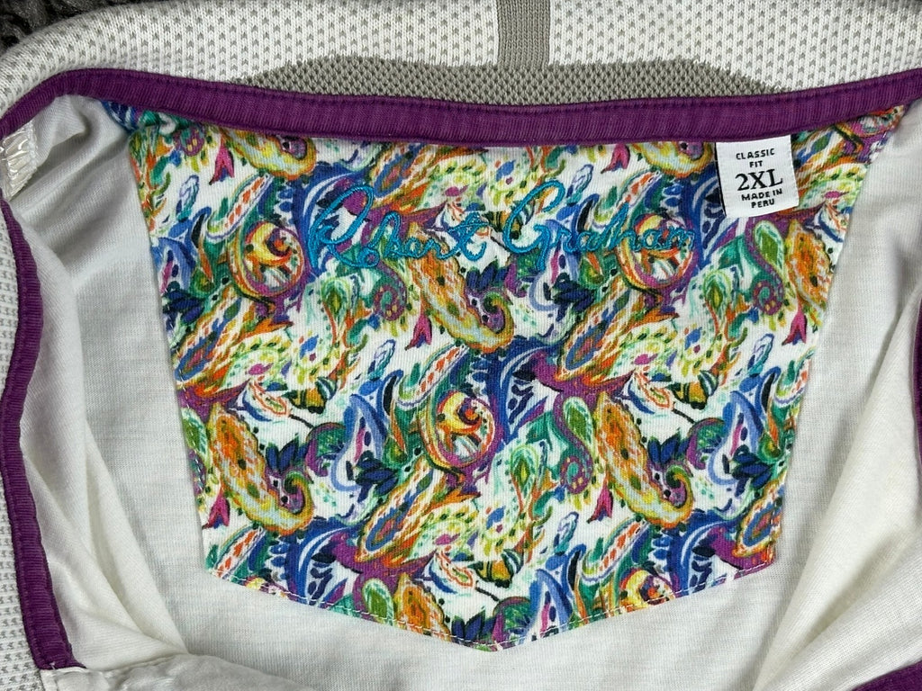 Robert Graham Mens 2XL White Aaron Paisley Contrast Knit Polo Shirt Rare