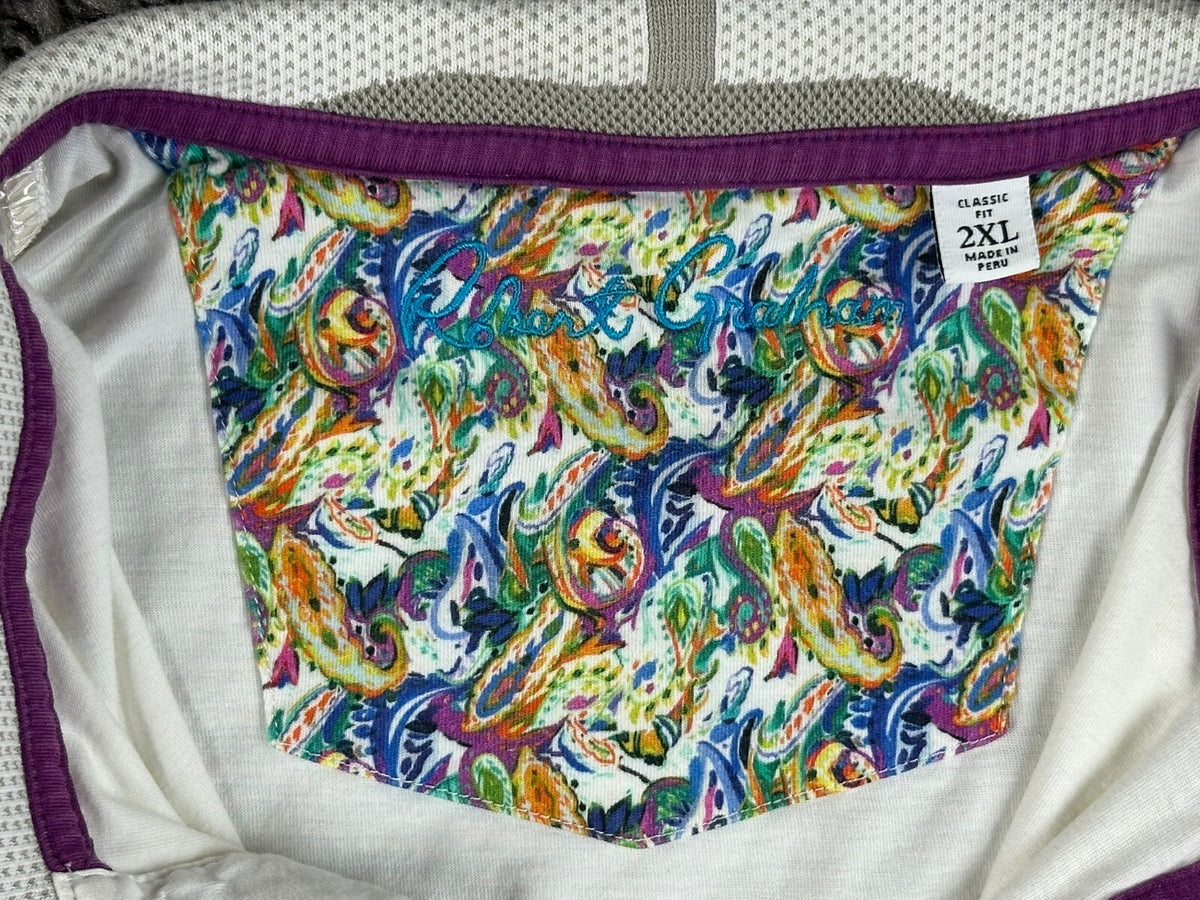 Robert Graham Mens 2XL White Aaron Paisley Contrast Knit Polo Shirt Rare