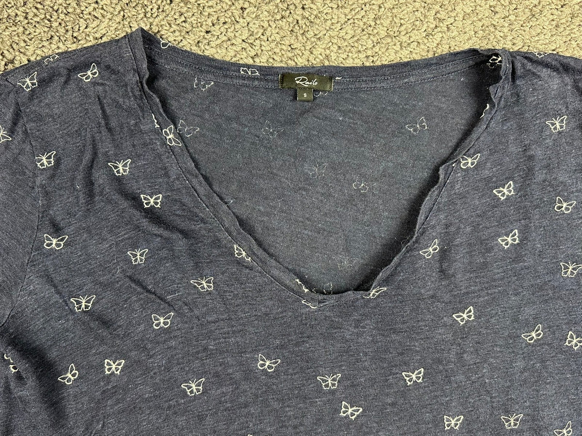 Rails Women's Size S Blue White Butterfly Print Linen Tencel V-Neck Tee Top