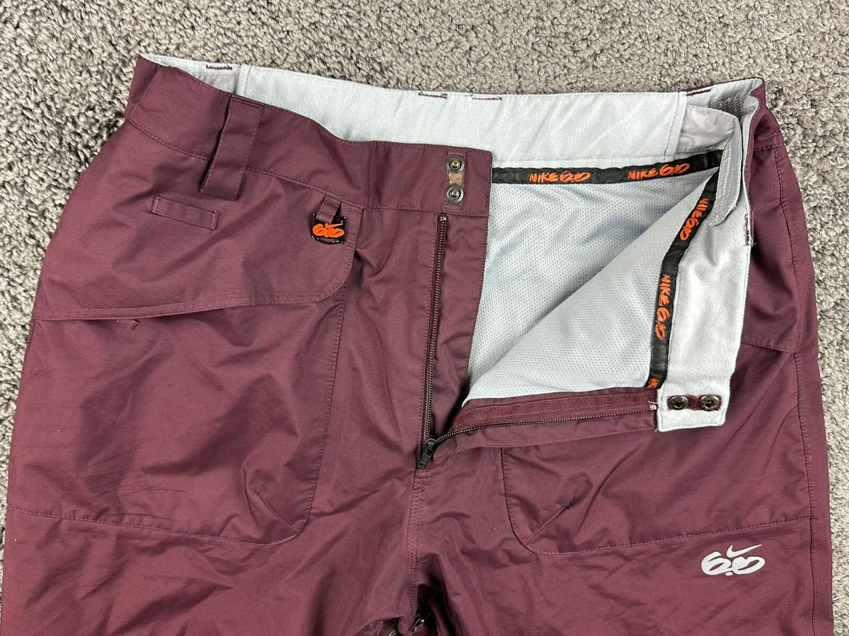 Nike 6.0 Mens L Burgundy Cargo Snowboard Ski Pants Vented Zip Hem Y2K