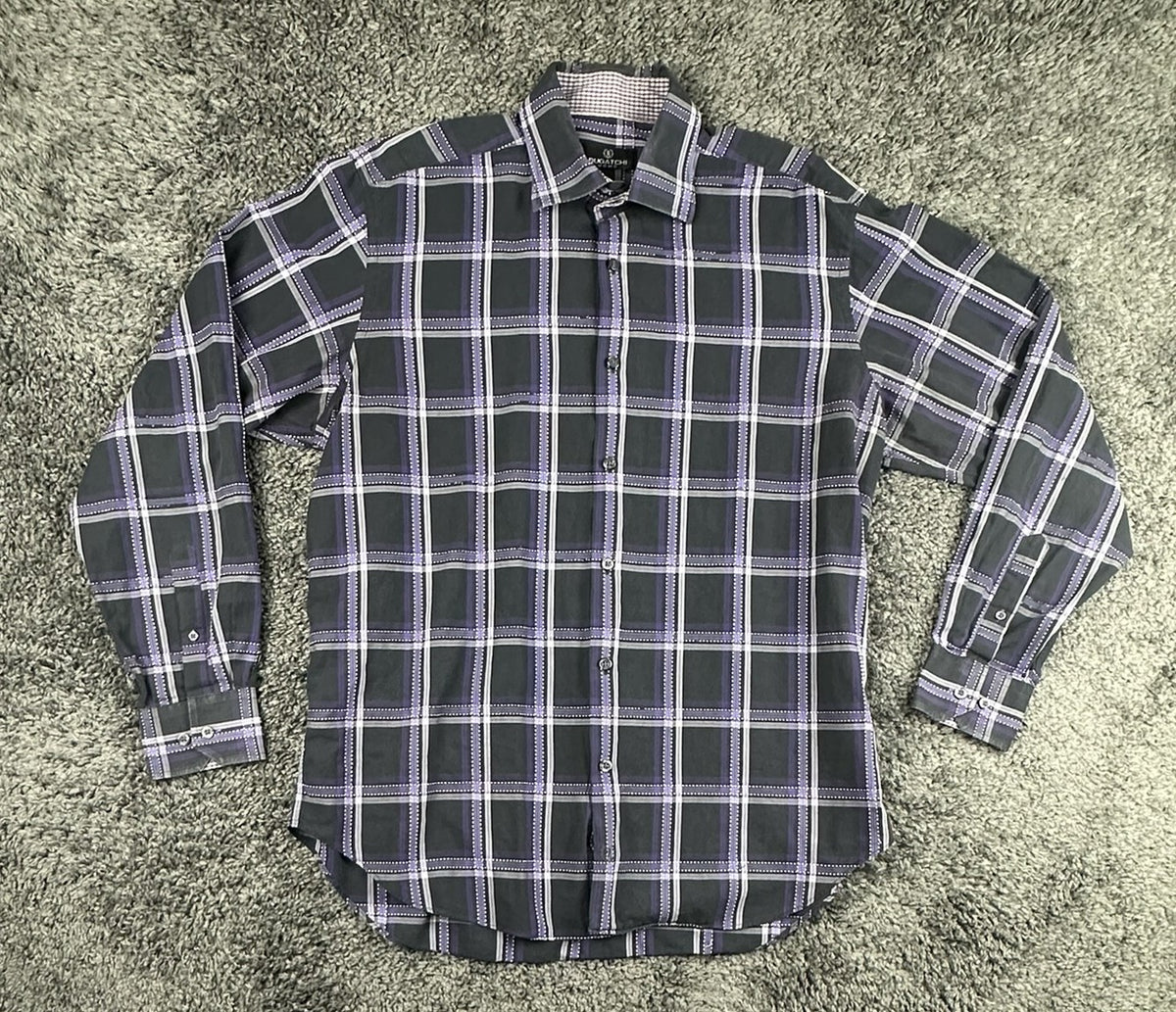 Bugatchi Uomo Mens XL Black Purple Plaid Long Sleeve Button Up Shirt Casual Top