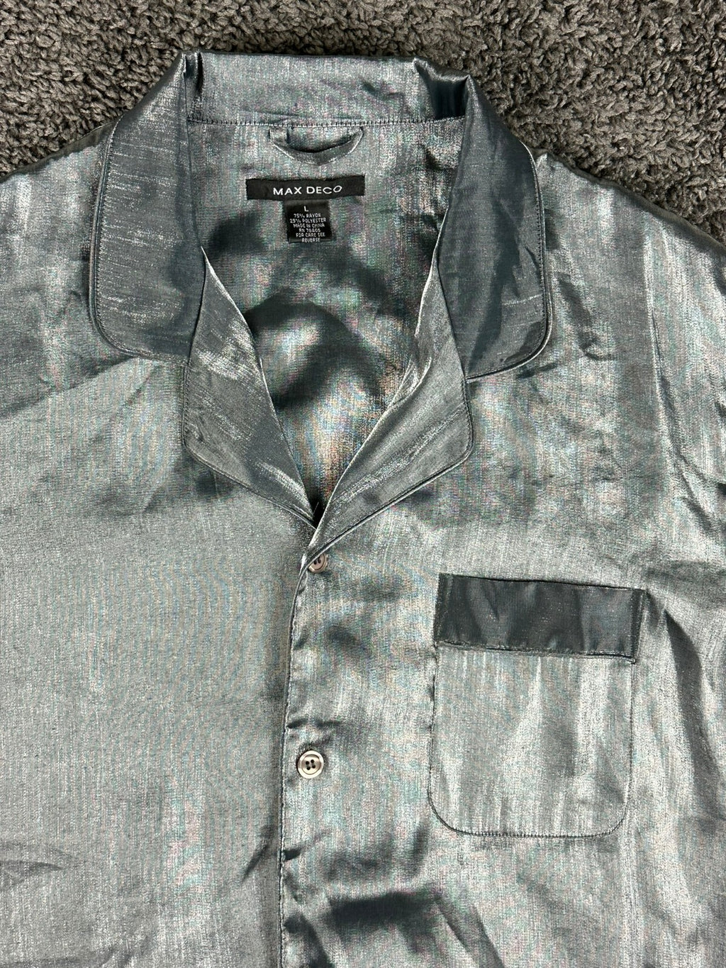 Max Deco Mens L Silver Grey Satin Long Sleeve Button Up Pajama Shirt Top