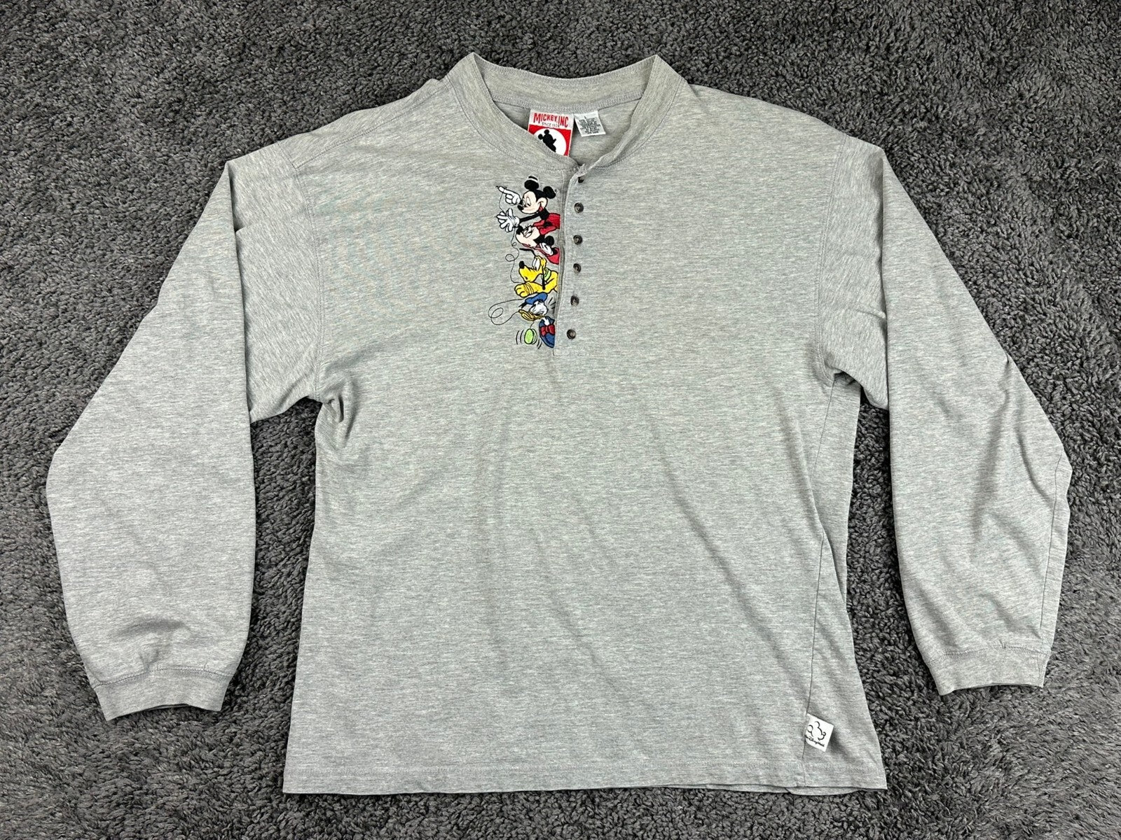 Vintage 90s Disney Mickey Minnie Donald Pluto Embroidered Henley Shirt Grey Sz L