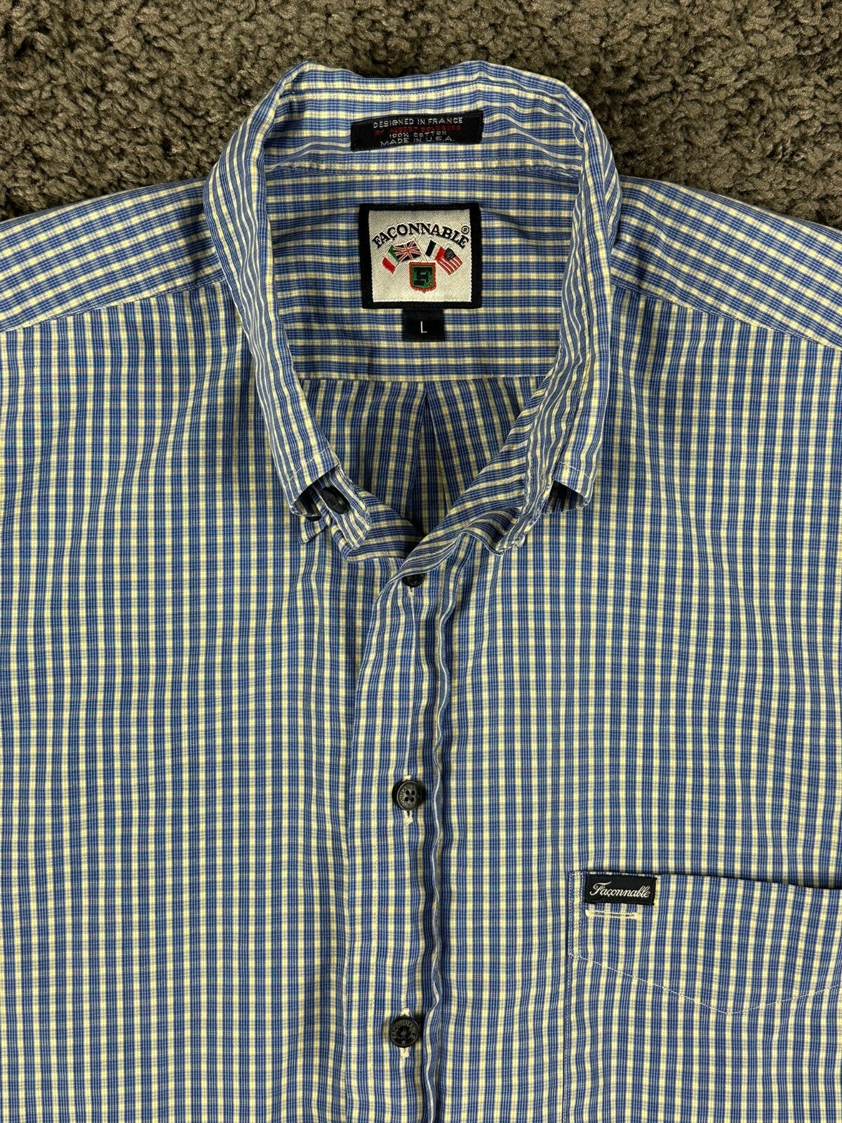 Vintage Façonnable Mens L Blue Plaid Short Sleeve Shirt USA