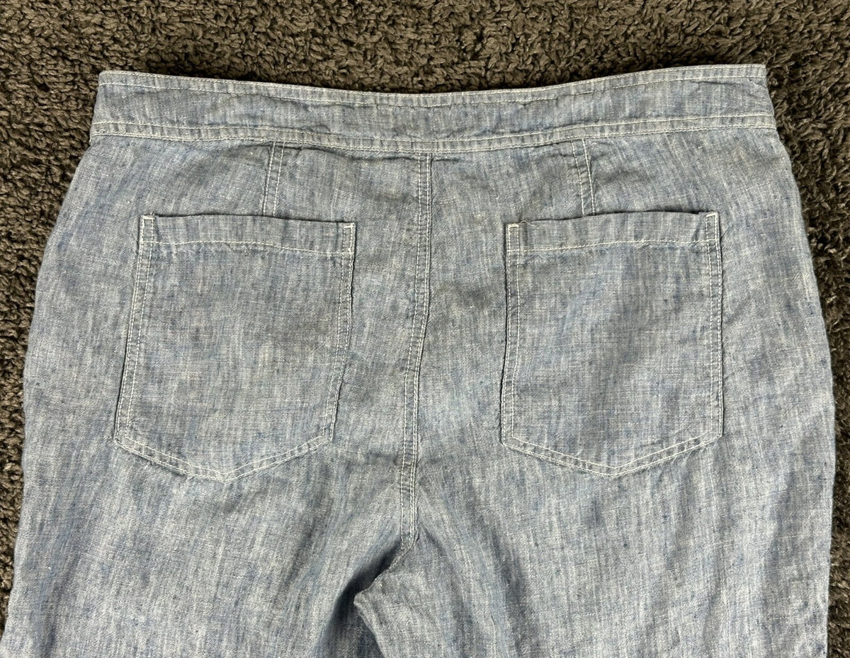 Lauren Ralph Lauren Womens 12 Blue Chambray Linen Wide Leg Crop Pants Pockets