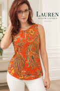 Lauren Ralph Lauren Womens M Orange Paisley Keyhole Sleeveless Top Blouse