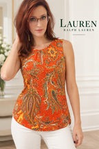 Lauren Ralph Lauren Womens M Orange Paisley Keyhole Sleeveless Top Blouse