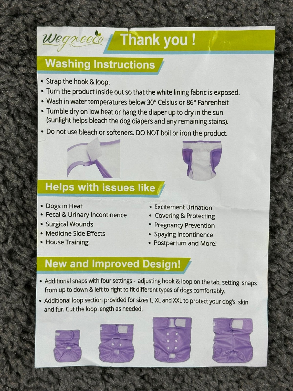 Wegreeco Washable Dog Diapers 3 Pack XL Purple Pink Blue Adjustable NWT
