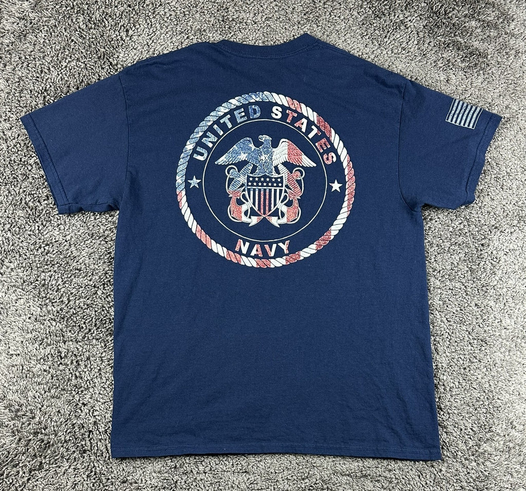 US Navy Mens L Graphic T-Shirt Blue Patriotic Eagle Anchor Flag Back Print