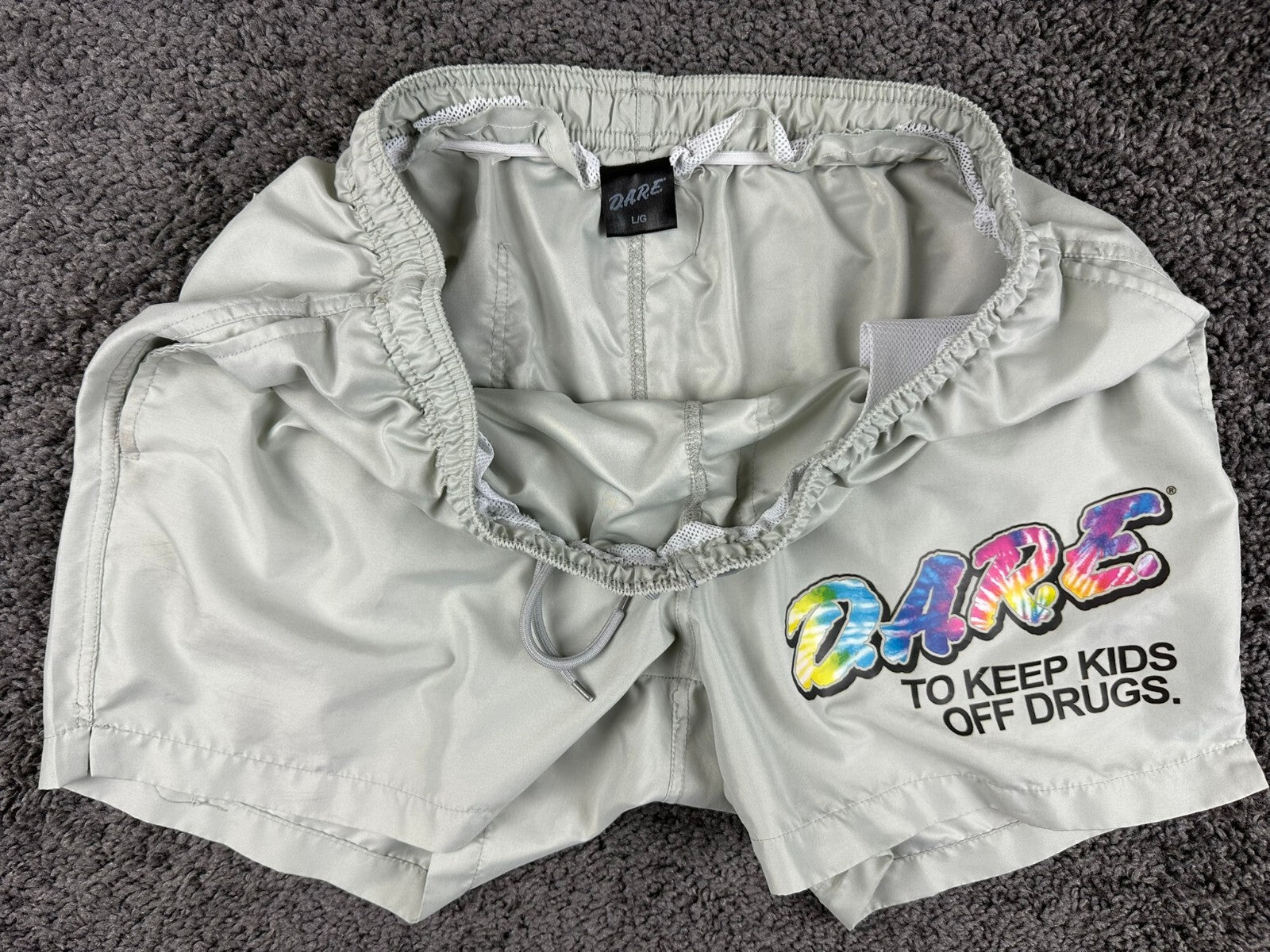 DARE To Keep Kids Off Drugs Swim Trunks Men Gray Board Shorts Sz Large