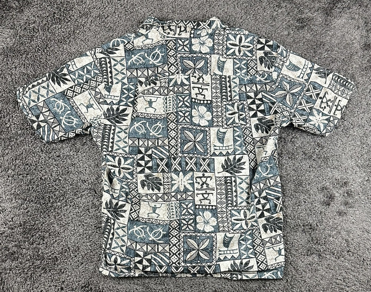 Vintage 90s KY'S Mens M Blue Tapa Print Short Sleeve Hawaiian Aloha Shirt