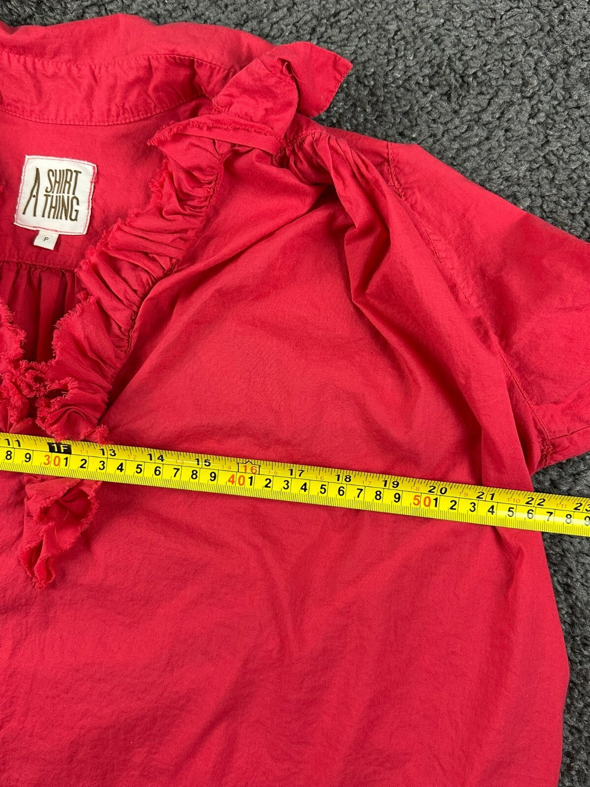 A Shirt Thing Celine Womens P Petite Small Red Cotton Ruffle V-Neck Blouse Top