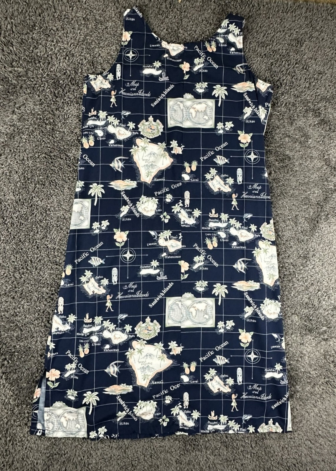 Vintage Hilo Hattie Womens XL Navy Blue Hawaiian Island Map Tank Dress USA