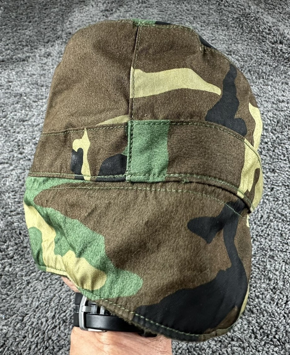 USGI Woodland Camo Cold Weather Patrol Cap 7 1/8 M81 Ear Flap Hat Vintage 1983