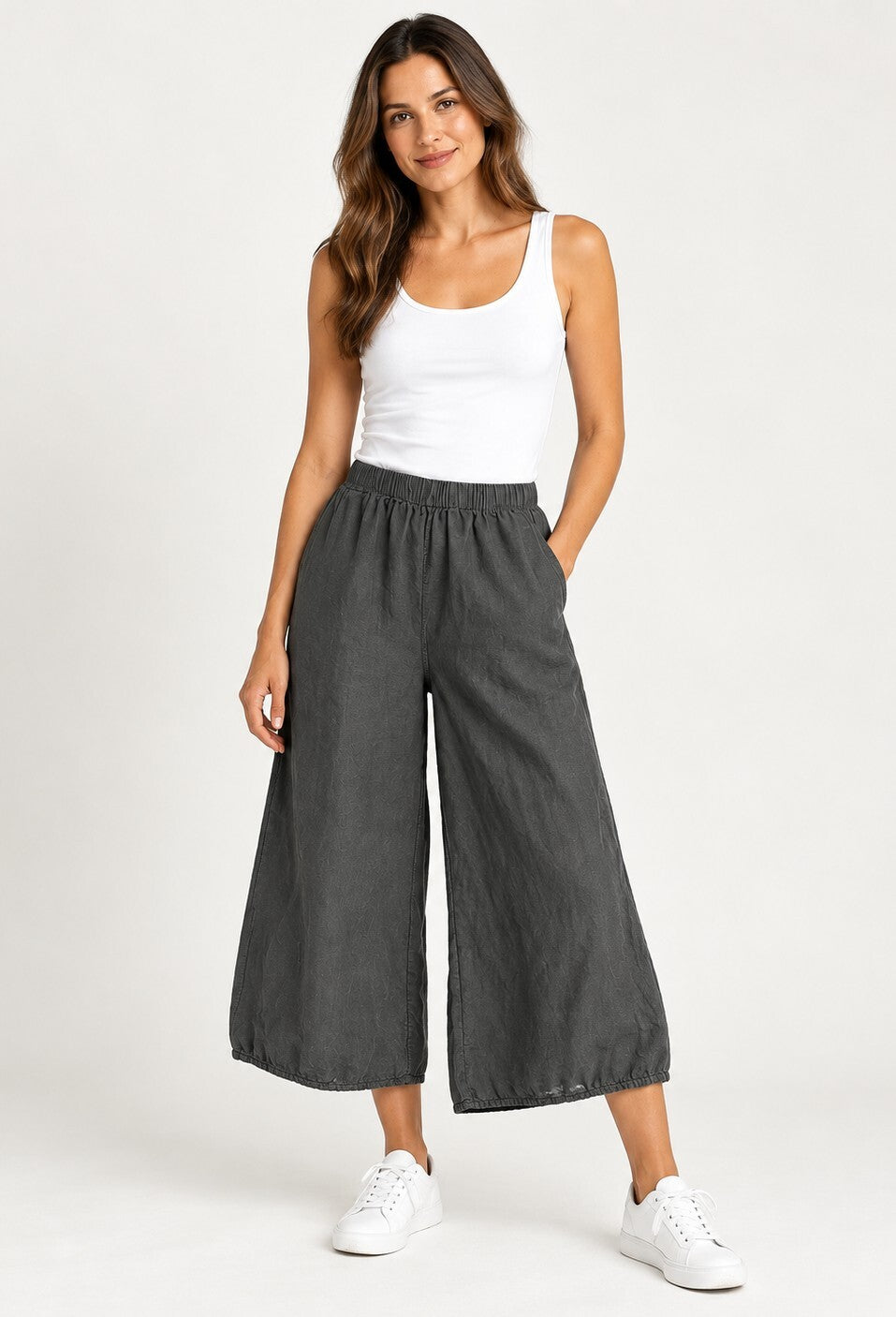 Terzo Millennio Womens M Charcoal Linen Blend Wide Leg Crop Culotte Pants