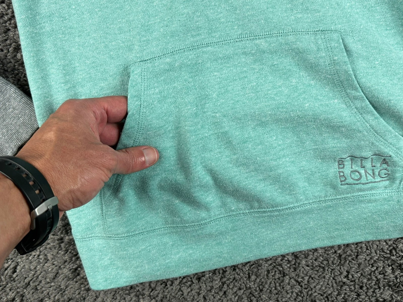 Billabong Womens Hoodie Teal Gray Colorblock Raglan Pullover Sweatshirt Sz Small