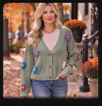 Luna Ivy Women's Large Mint Green 3D Floral Applique Button Cardigan Sweater