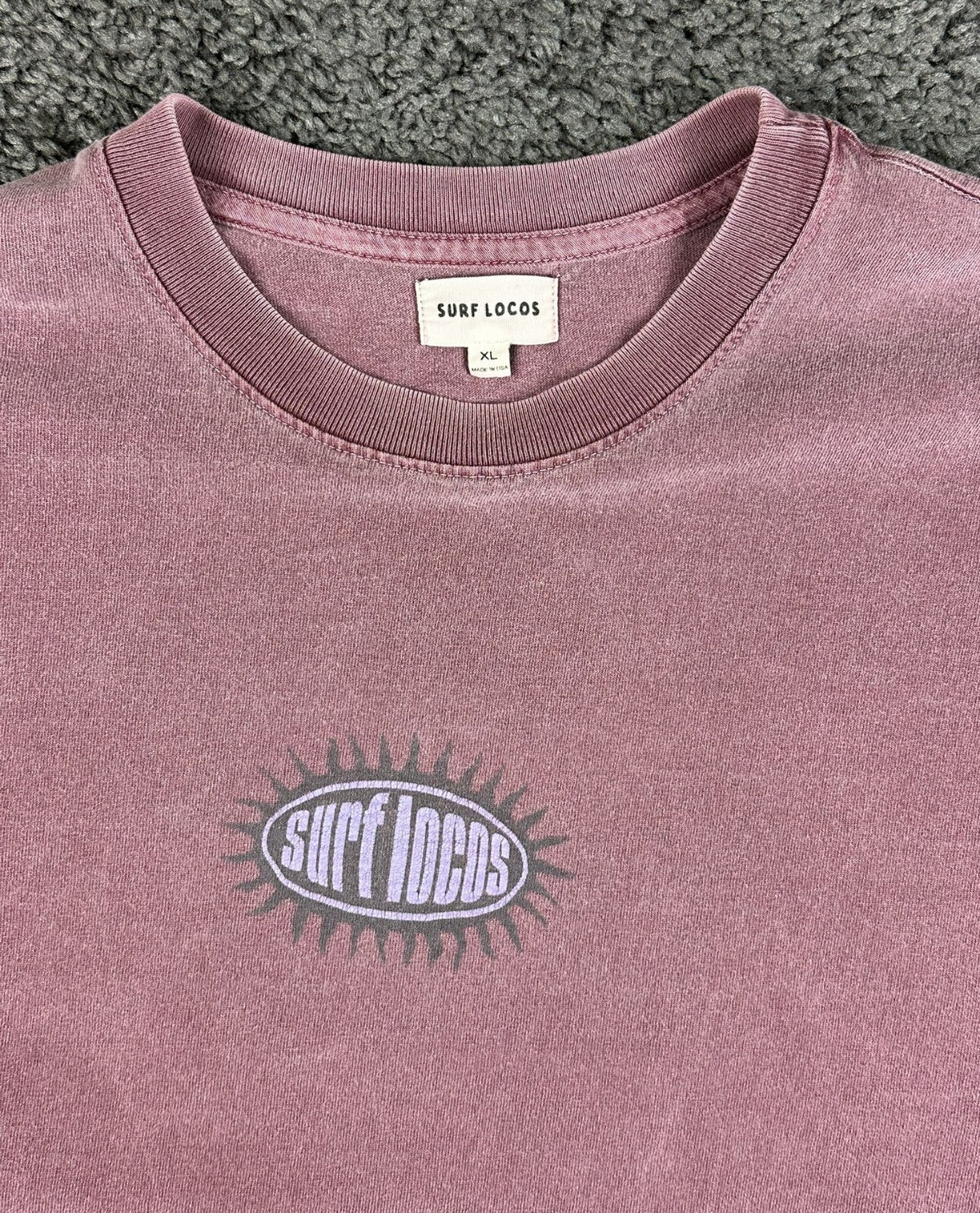 Surf Locos Mens XL Sunburst Oval Logo Washed Plum Burgundy T-Shirt Made in USA