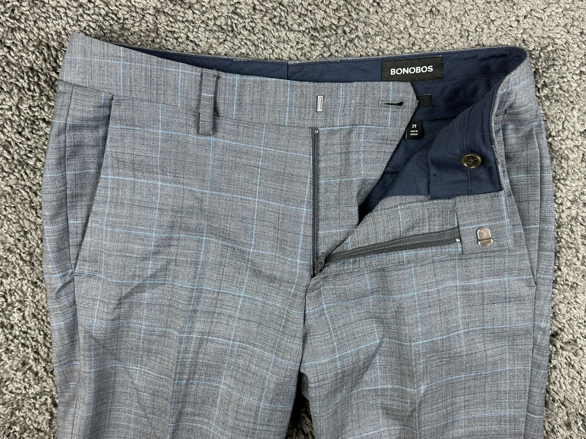 Bonobos Mens Dress Pants 29x32 Slim Fit Grey Blue Plaid Wool Blend Flat Front