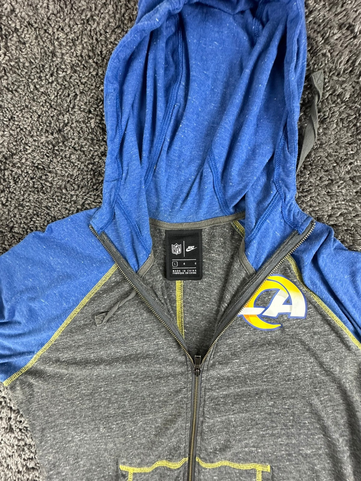 Nike NFL LA Rams Womens L Raglan Full Zip Hoodie Grey Blue Contrast Stitch