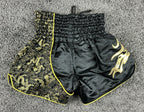 FLUORY Mens XS Black Muay Thai Shorts Gold Brocade Dragon Thai Script Boxing