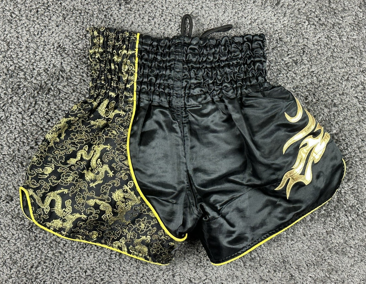 FLUORY Mens XS Black Muay Thai Shorts Gold Brocade Dragon Thai Script Boxing