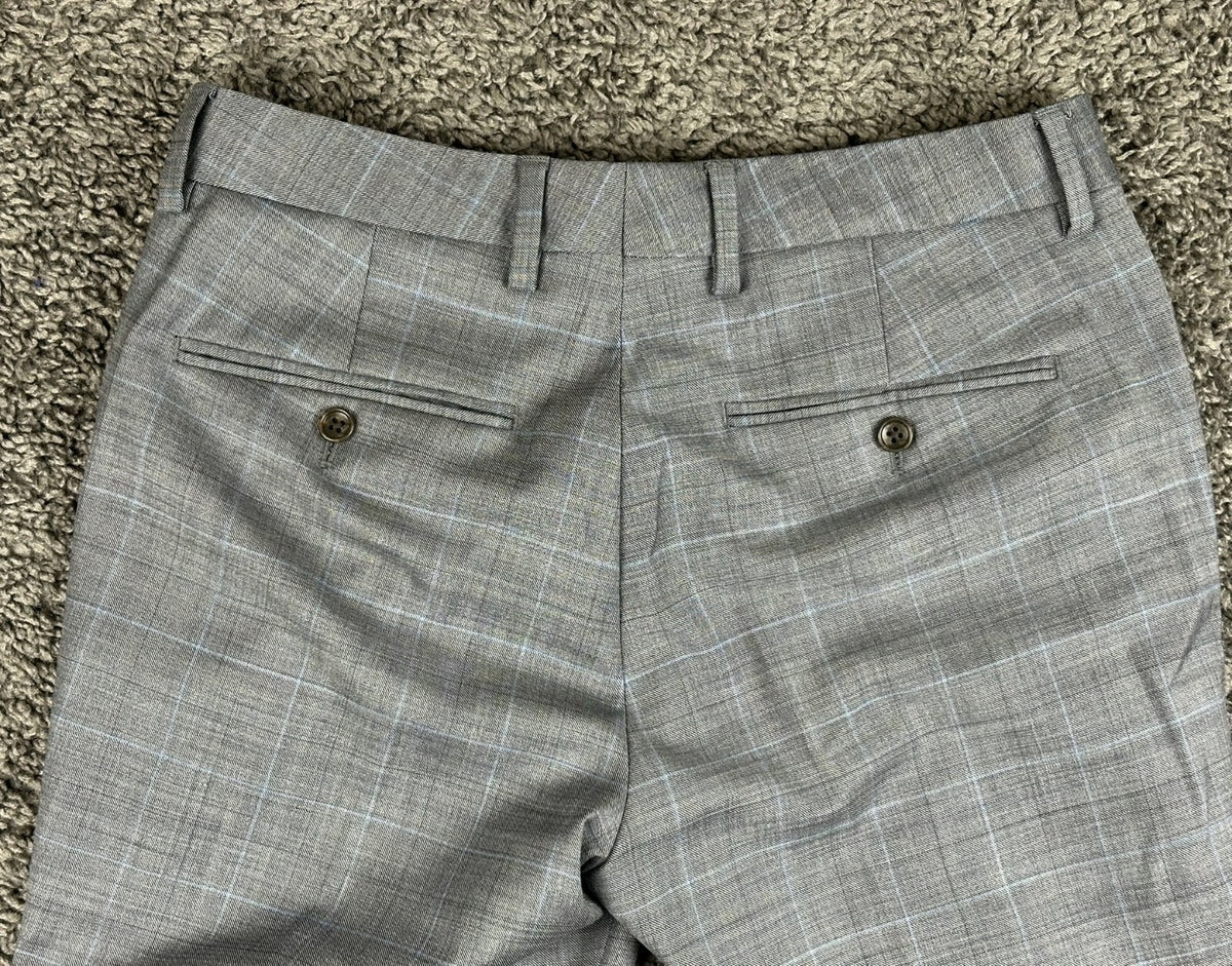 Bonobos Mens Dress Pants 29x32 Slim Fit Grey Blue Plaid Wool Blend Flat Front