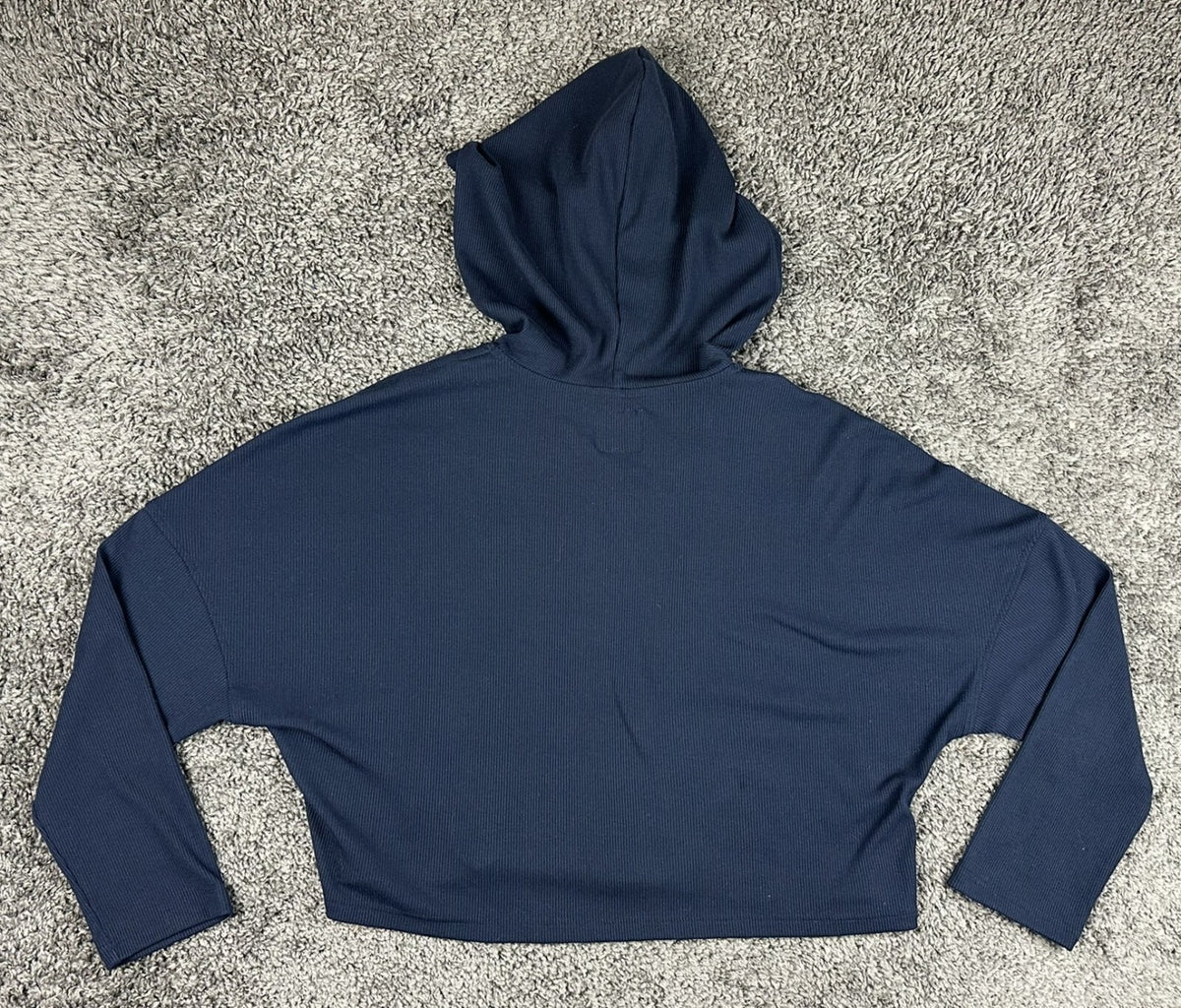 Allfenix Womens Ribbed Boxy Crop Zip Hoodie Navy Blue O-Ring Athleisure Large L