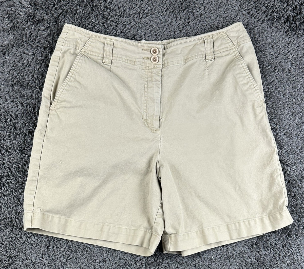 Talbots Shorts Womens 8 Beige Khaki Stretch Chino Casual Flat Front Button