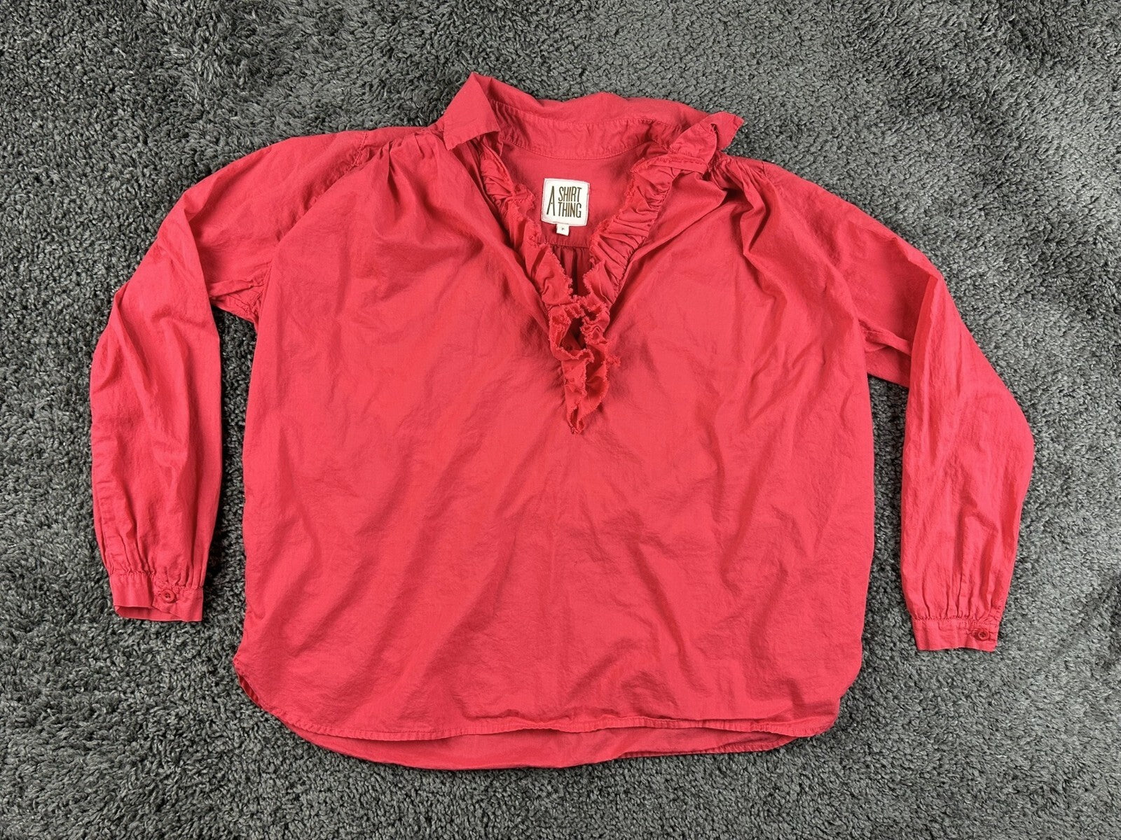 A Shirt Thing Celine Womens P Petite Small Red Cotton Ruffle V-Neck Blouse Top