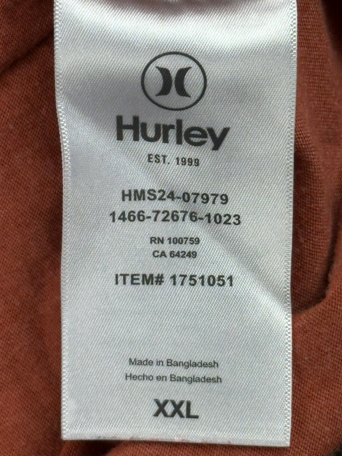 Hurley Graphic T Shirt Mens XXL Rust Orange Short Sleeve Logo Tee Cotton Blend