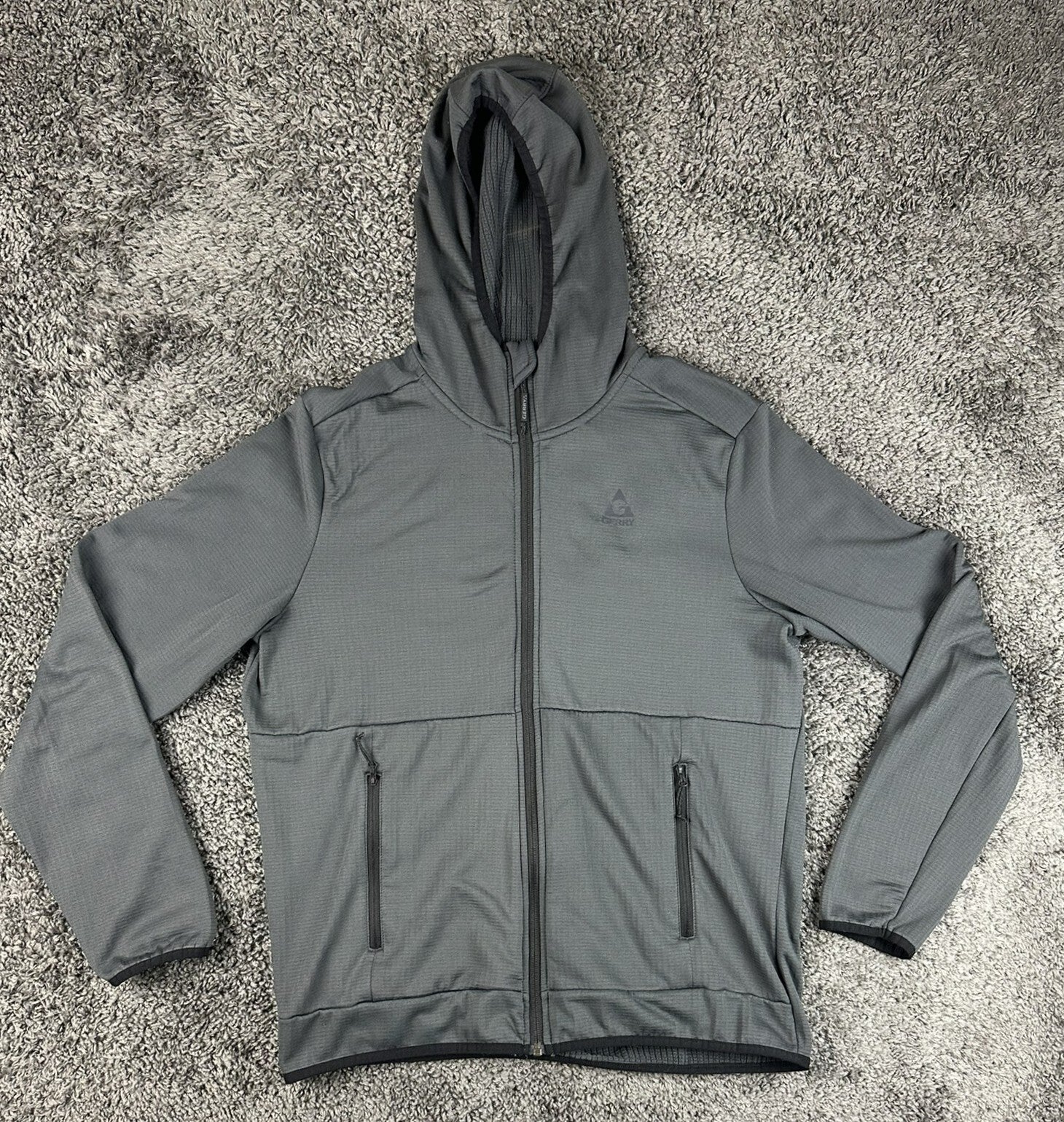 Gerry Mens Full Zip Hooded Grid Fleece Jacket Large Gray Outdoor Zip Pockets
