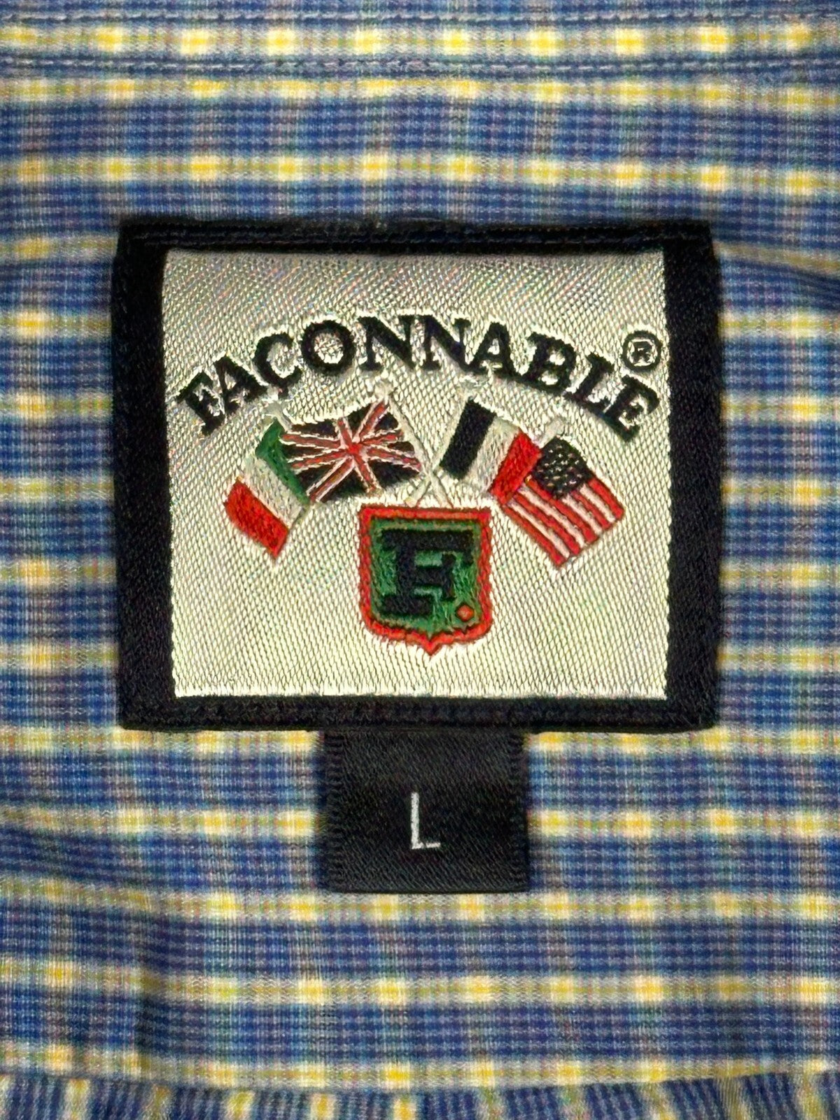 Vintage Façonnable Mens L Blue Plaid Short Sleeve Shirt USA
